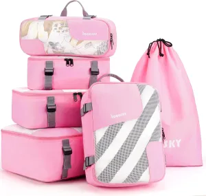Compression Packing Cubes for Suitcases, COOSKY 6 Set Transparent Clothes Organizer for Travel Essentials, Expandable Storage Bags in Luggage, Carry on Size Travel Accessories for Women/Men, Pink