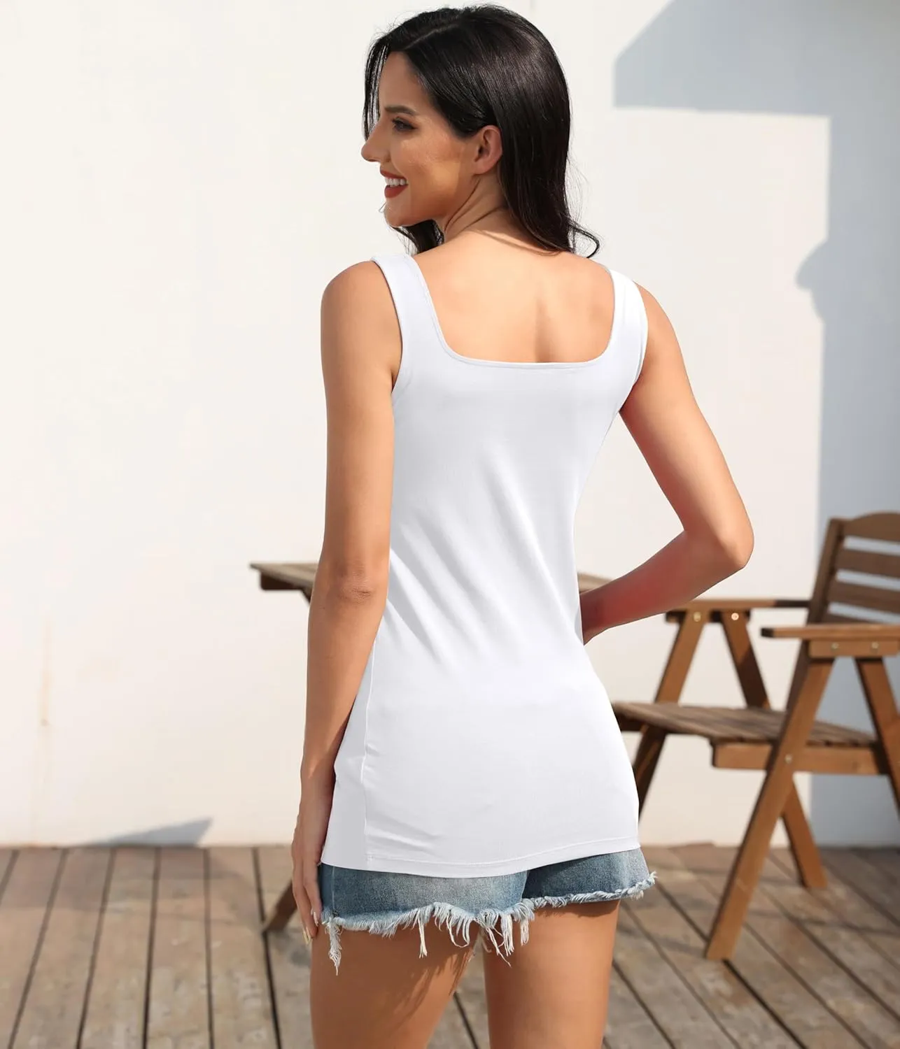 Cotton Square Neck Long Tank Tops for Women Tunic Layering Fitted Sleeveless Undershirt 3 Packs