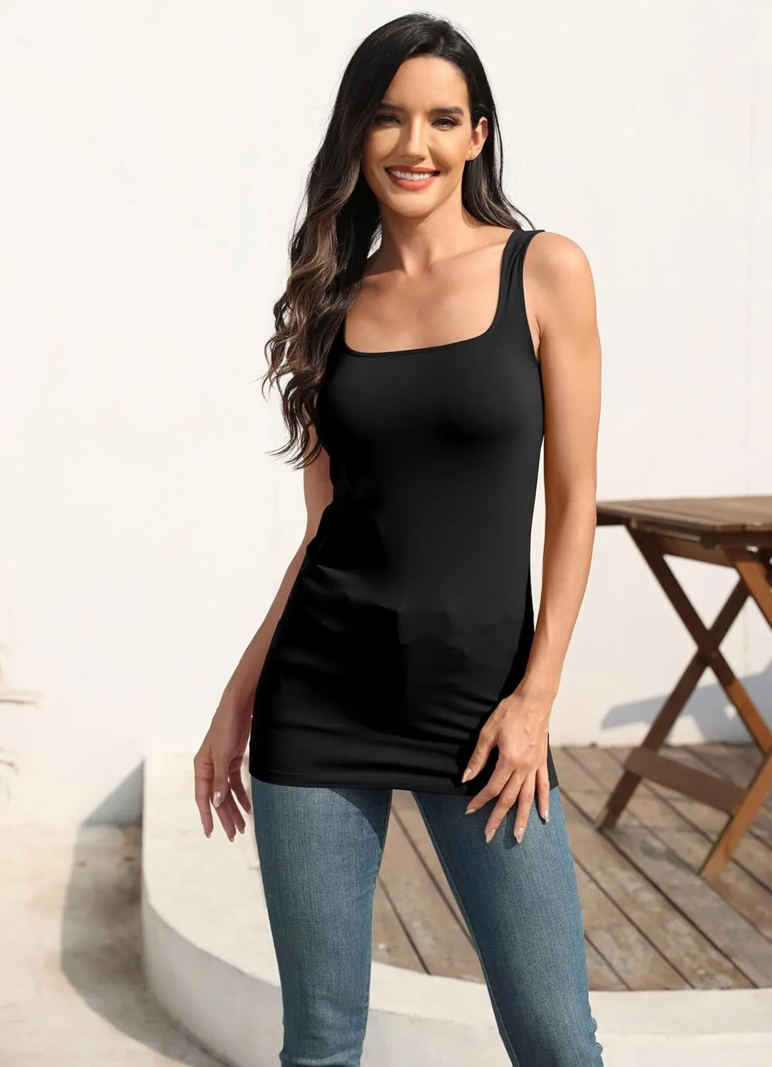 Cotton Square Neck Long Tank Tops for Women Tunic Layering Fitted Sleeveless Undershirt 3 Packs
