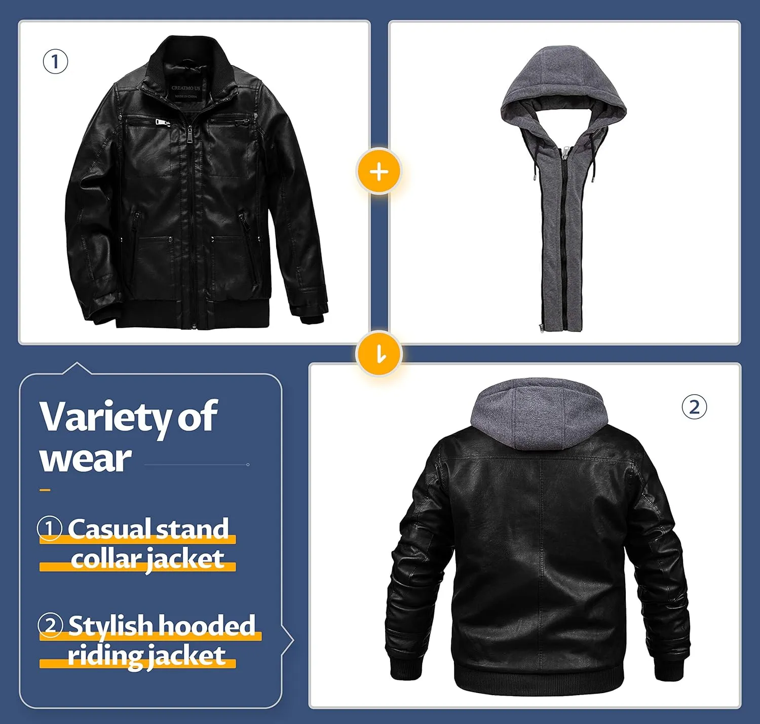 CREATMO US Men's Faux Leather Jacket Motorcycle Jacket Waterproof Windproof PU Moto Vintage Bomber Hoodie with Removable Hood