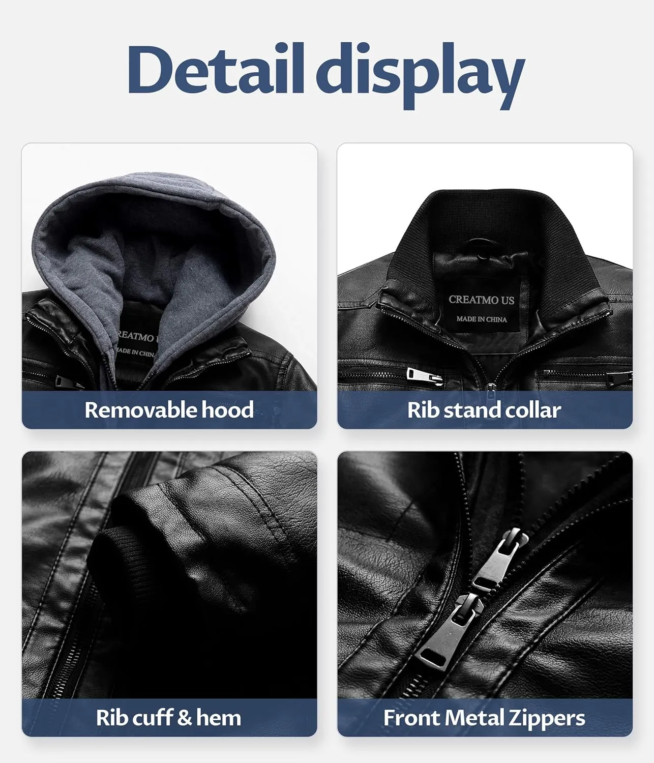 CREATMO US Men's Faux Leather Jacket Motorcycle Jacket Waterproof Windproof PU Moto Vintage Bomber Hoodie with Removable Hood