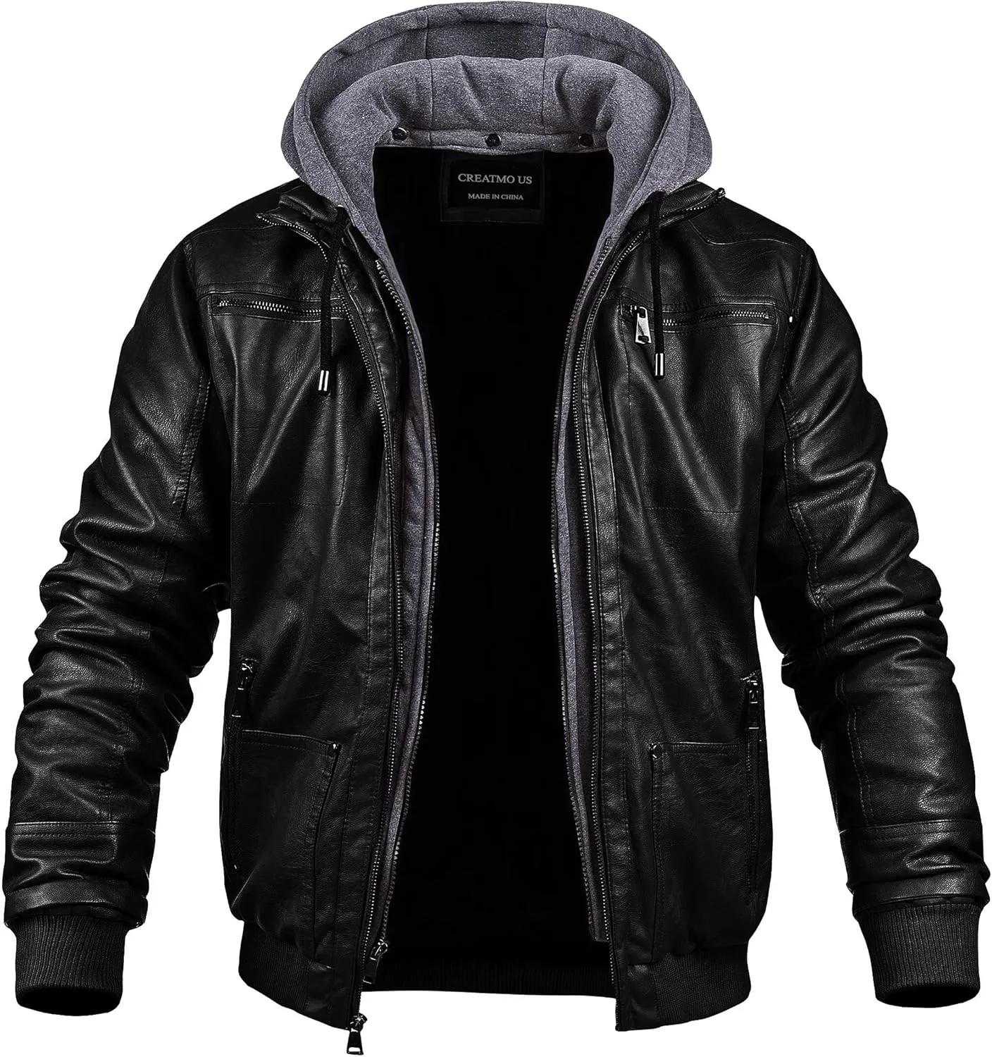 CREATMO US Men's Faux Leather Jacket Motorcycle Jacket Waterproof Windproof PU Moto Vintage Bomber Hoodie with Removable Hood