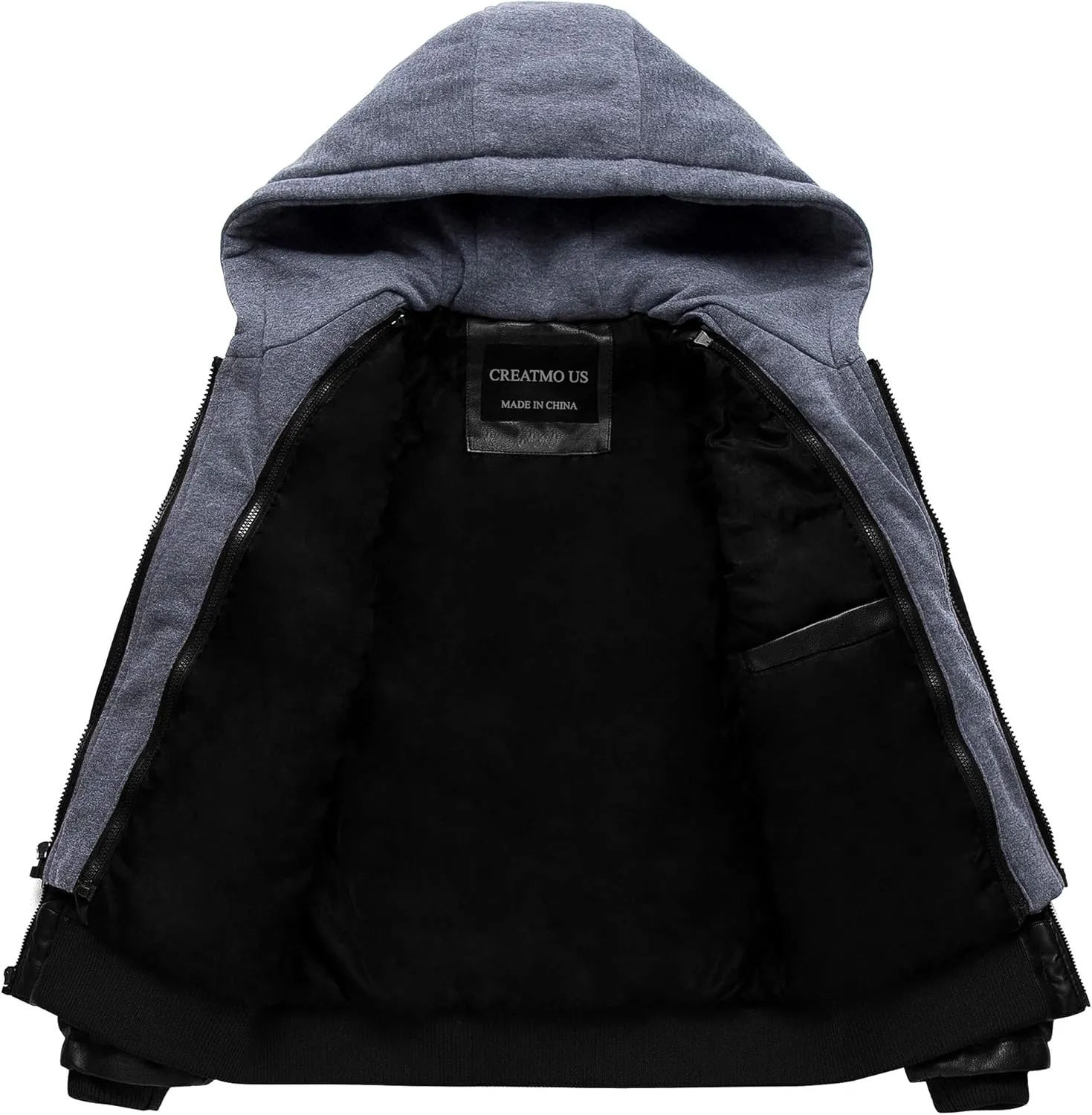 CREATMO US Men's Faux Leather Jacket Motorcycle Jacket Waterproof Windproof PU Moto Vintage Bomber Hoodie with Removable Hood