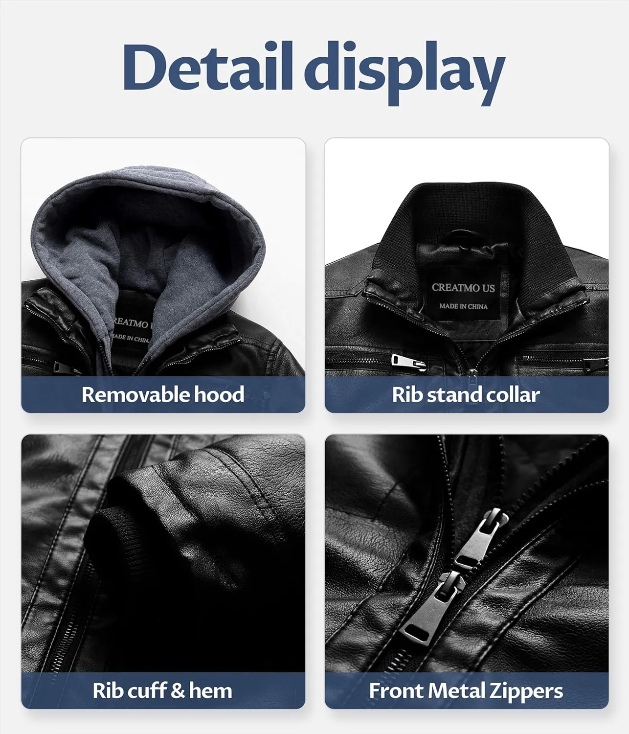 CREATMO US Men's Faux Leather Jacket Motorcycle Jacket Waterproof Windproof PU Moto Vintage Bomber Hoodie with Removable Hood