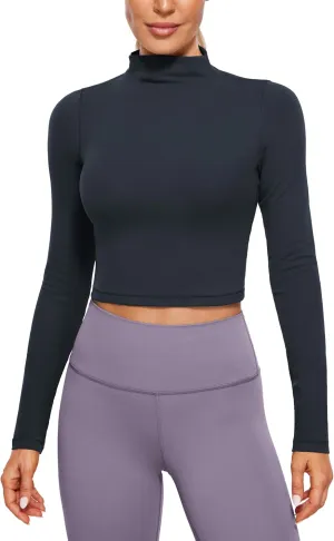 CRZ YOGA Womens Butterluxe Mock Turtleneck Long Sleeves Crop Tops Slim Fit Workout Casual T-Shirt Base Layer Fall Shirts