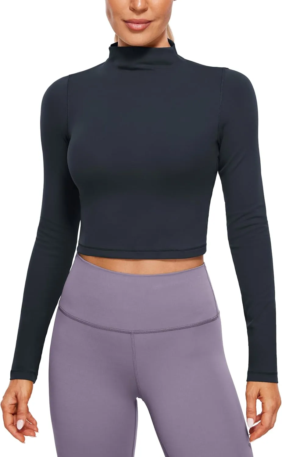 CRZ YOGA Womens Butterluxe Mock Turtleneck Long Sleeves Crop Tops Slim Fit Workout Casual T-Shirt Base Layer Fall Shirts