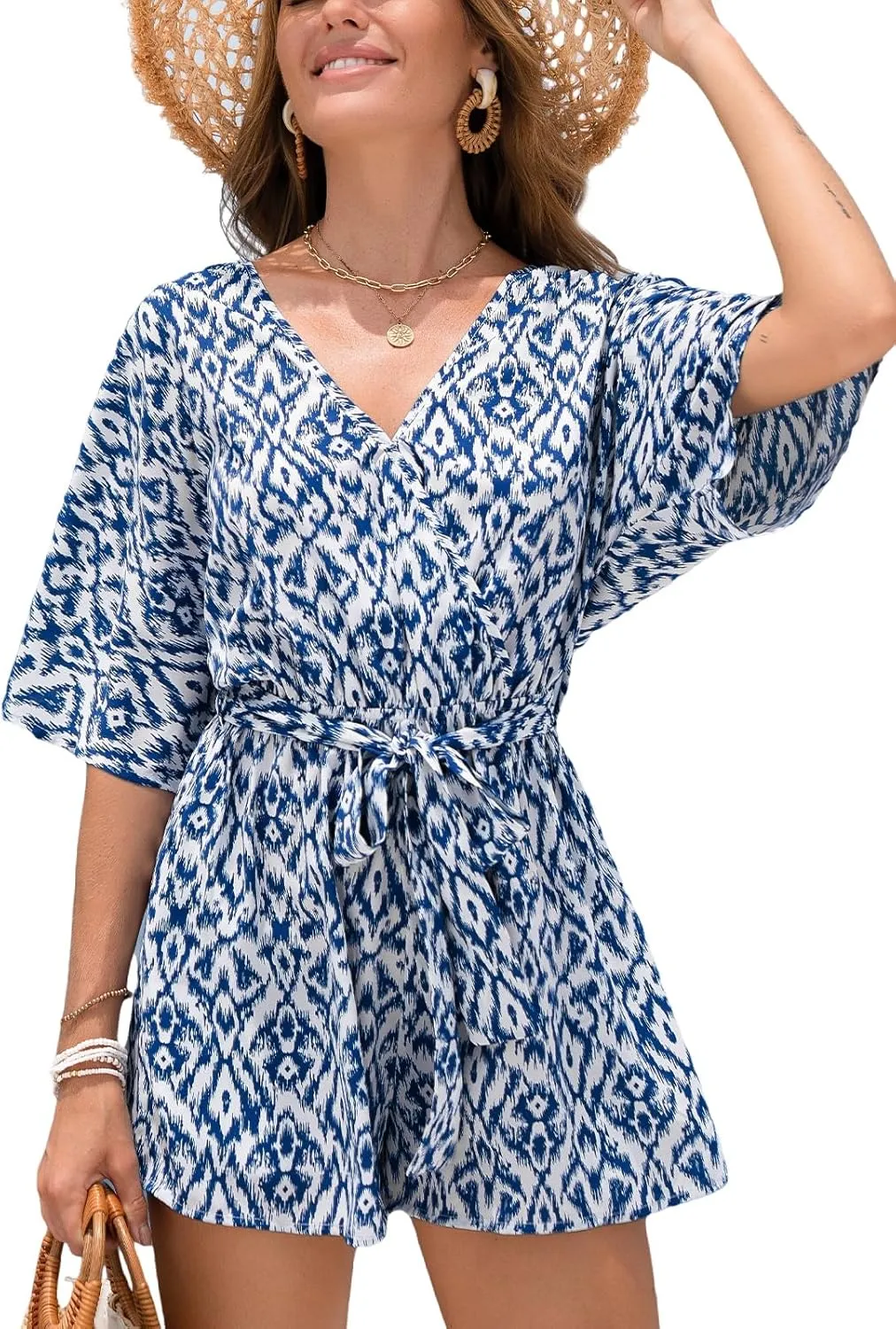 CUPSHE Women's Romper V Neck Half Sleeves Waist Boho Wide leg Jumpsuit Outfit Coverup Casual Vacation