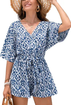 CUPSHE Women's Romper V Neck Half Sleeves Waist Boho Wide leg Jumpsuit Outfit Coverup Casual Vacation