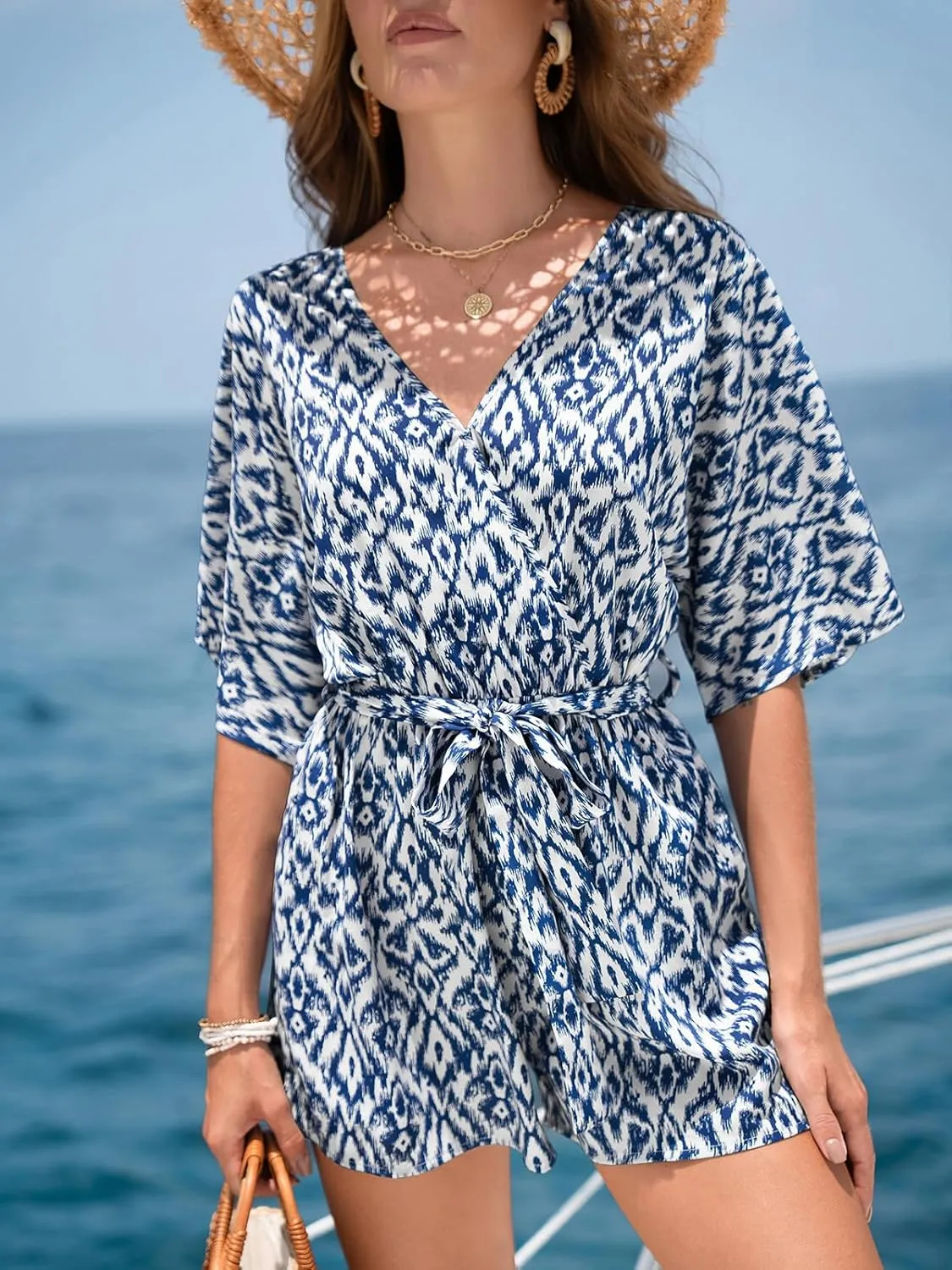 CUPSHE Women's Romper V Neck Half Sleeves Waist Boho Wide leg Jumpsuit Outfit Coverup Casual Vacation