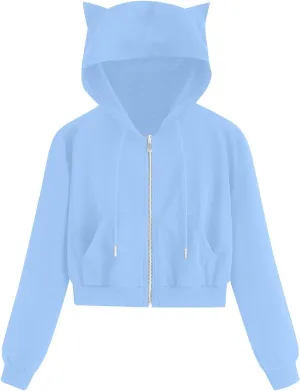 Cute Cat Ear Zip Up Hoodies for Women Teen Girls Y2K Long Sleeve Drawstring Hooded Sweatshirt Jackets with Pockets