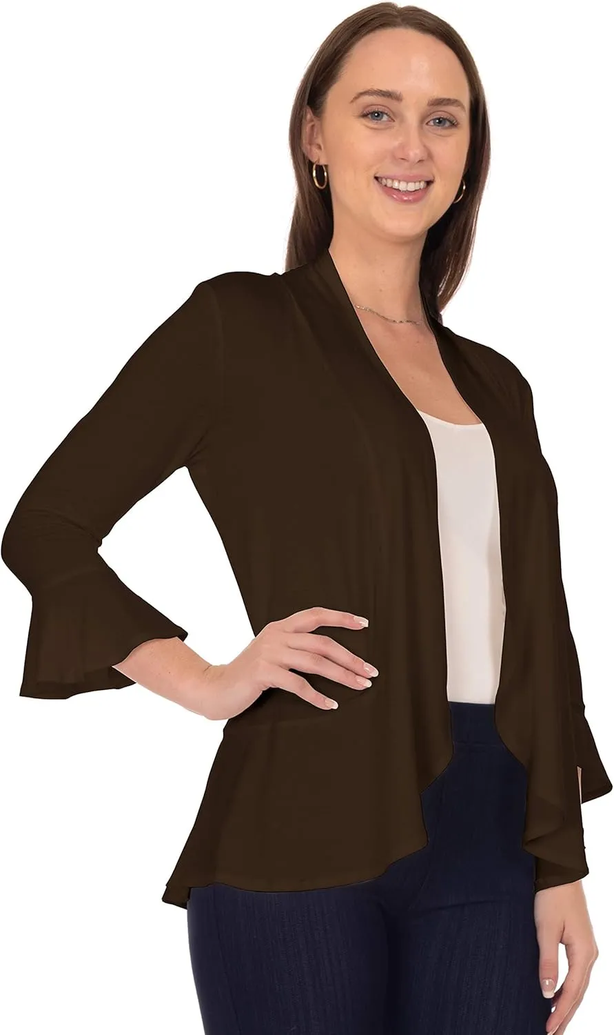 DFF Shop Women's 3/4 Length Flare Sleeve Ruffles Hem Open Cardigan (Size: S-5X)
