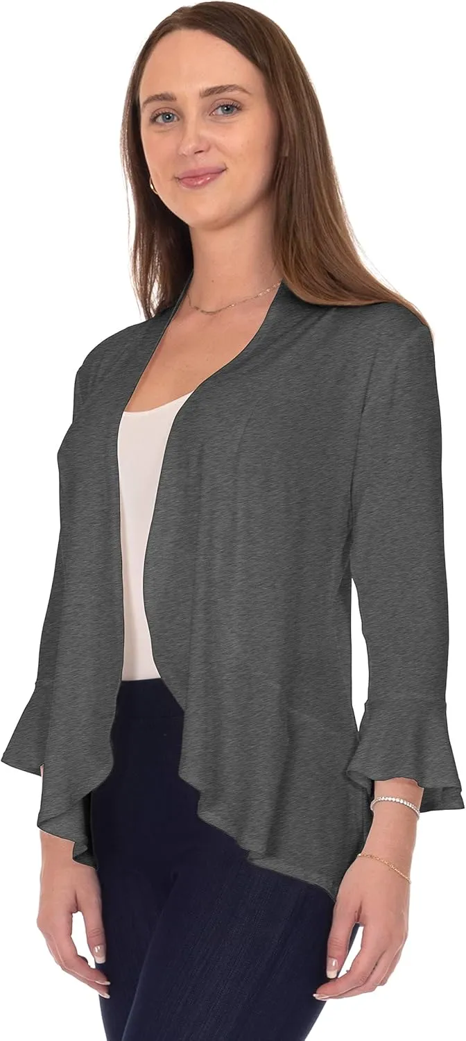 DFF Shop Women's 3/4 Length Flare Sleeve Ruffles Hem Open Cardigan (Size: S-5X)