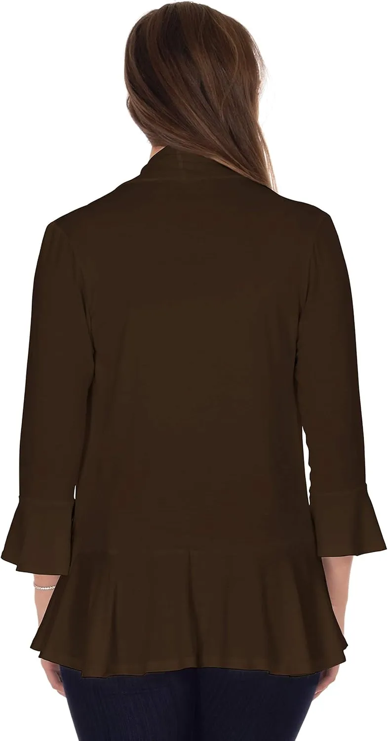 DFF Shop Women's 3/4 Length Flare Sleeve Ruffles Hem Open Cardigan (Size: S-5X)