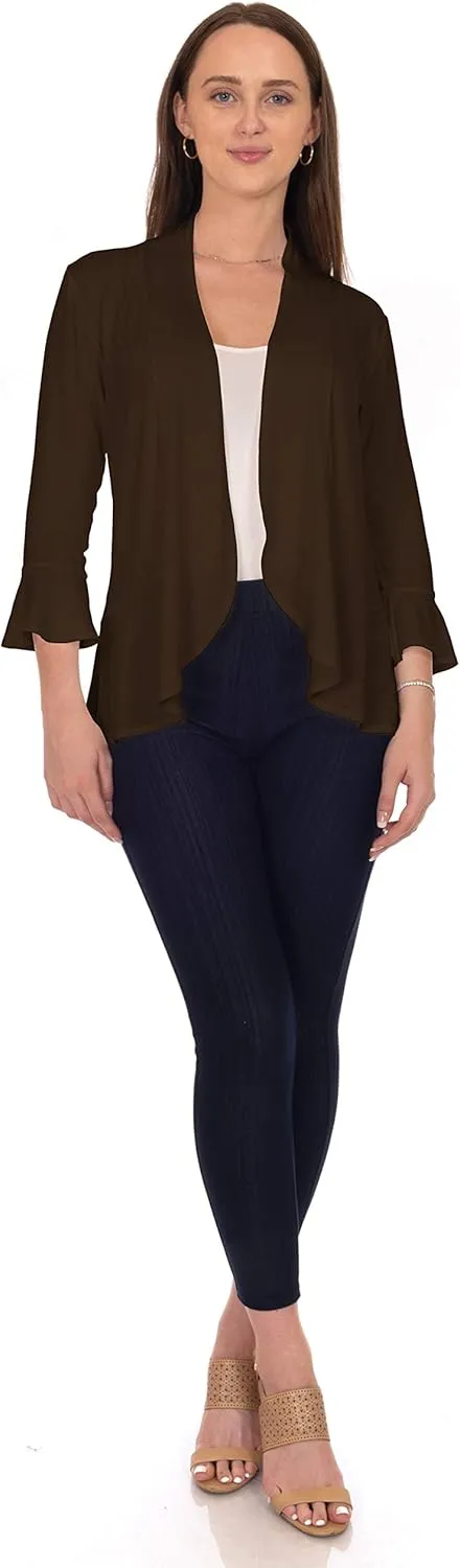 DFF Shop Women's 3/4 Length Flare Sleeve Ruffles Hem Open Cardigan (Size: S-5X)