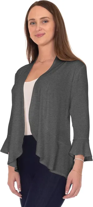 DFF Shop Women's 3/4 Length Flare Sleeve Ruffles Hem Open Cardigan (Size: S-5X)
