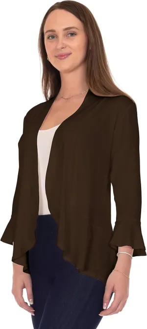 DFF Shop Women's 3/4 Length Flare Sleeve Ruffles Hem Open Cardigan (Size: S-5X)