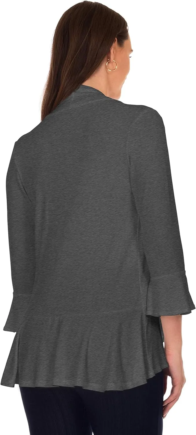 DFF Shop Women's 3/4 Length Flare Sleeve Ruffles Hem Open Cardigan (Size: S-5X)