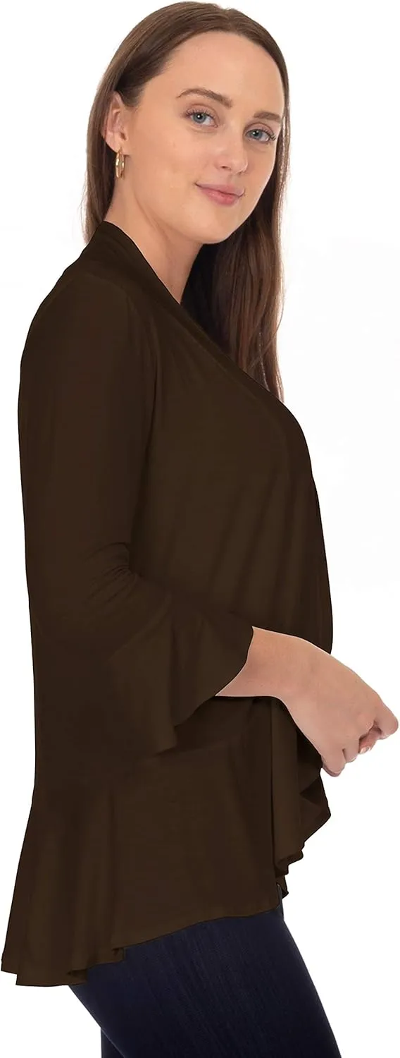 DFF Shop Women's 3/4 Length Flare Sleeve Ruffles Hem Open Cardigan (Size: S-5X)