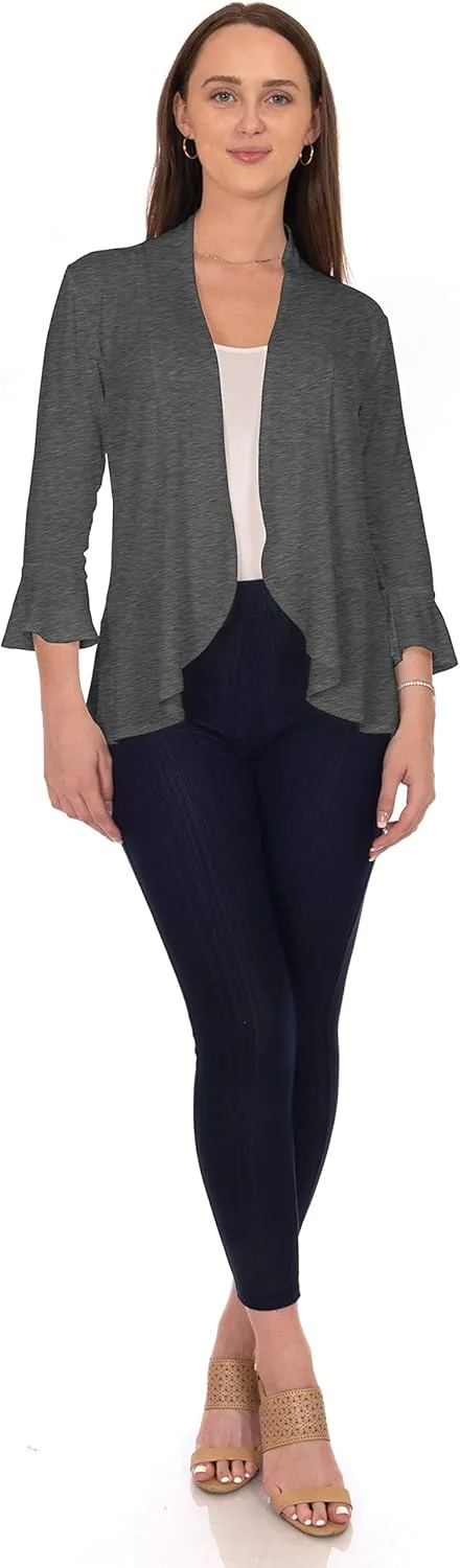 DFF Shop Women's 3/4 Length Flare Sleeve Ruffles Hem Open Cardigan (Size: S-5X)