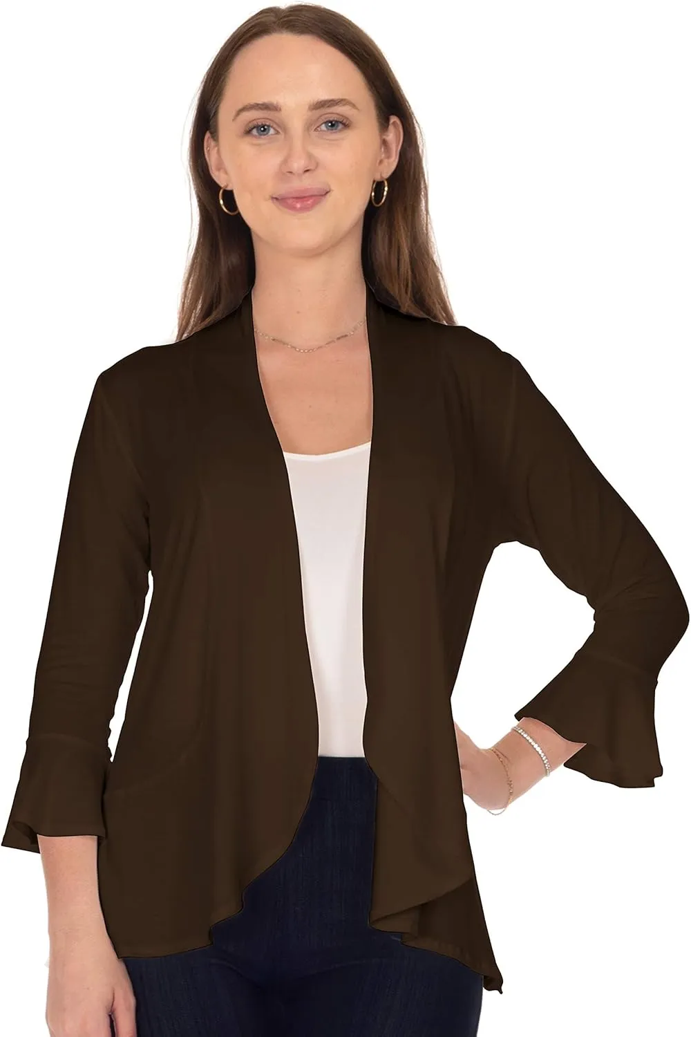 DFF Shop Women's 3/4 Length Flare Sleeve Ruffles Hem Open Cardigan (Size: S-5X)