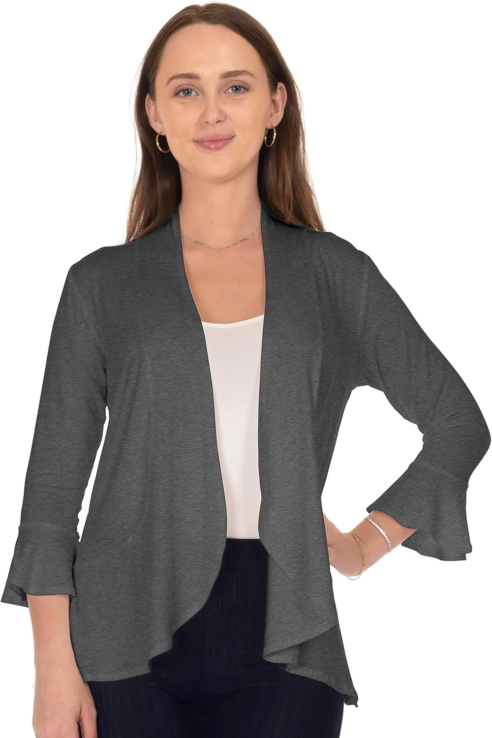 DFF Shop Women's 3/4 Length Flare Sleeve Ruffles Hem Open Cardigan (Size: S-5X)
