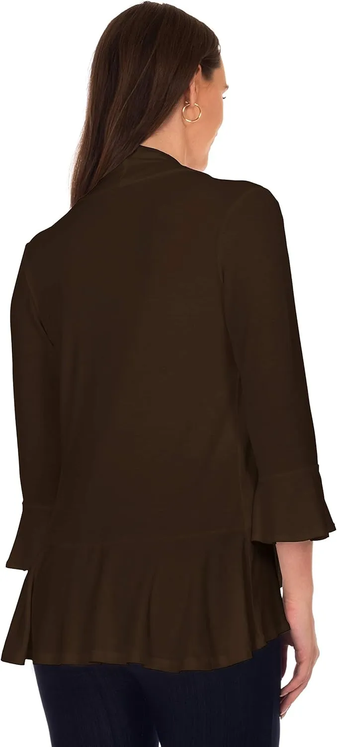 DFF Shop Women's 3/4 Length Flare Sleeve Ruffles Hem Open Cardigan (Size: S-5X)
