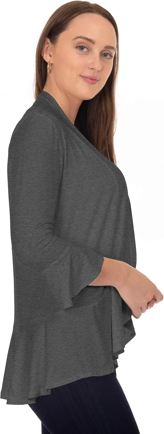 DFF Shop Women's 3/4 Length Flare Sleeve Ruffles Hem Open Cardigan (Size: S-5X)