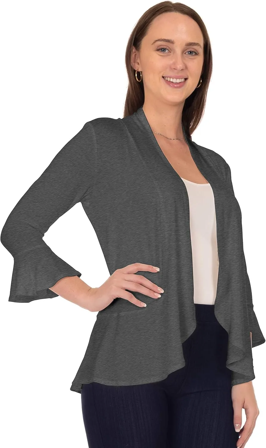 DFF Shop Women's 3/4 Length Flare Sleeve Ruffles Hem Open Cardigan (Size: S-5X)
