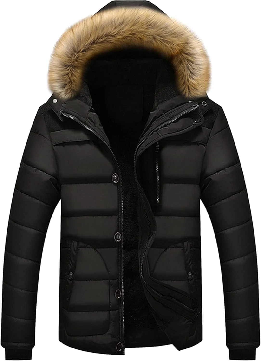 DGKaxiyaHM Men's Waterproof Padded Jacket With Hooded Thicken Warm Ski Down Coat Casual Windproof Cotton-Padded Jacket (Large,Black)
