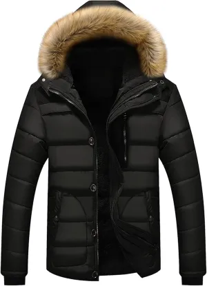 DGKaxiyaHM Men's Waterproof Padded Jacket With Hooded Thicken Warm Ski Down Coat Casual Windproof Cotton-Padded Jacket (Large,Black)