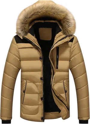 DGKaxiyaHM Men's Waterproof Padded Jacket With Hooded Thicken Warm Ski Down Coat Casual Windproof Cotton-Padded Jacket (XX-Large,Khaki)
