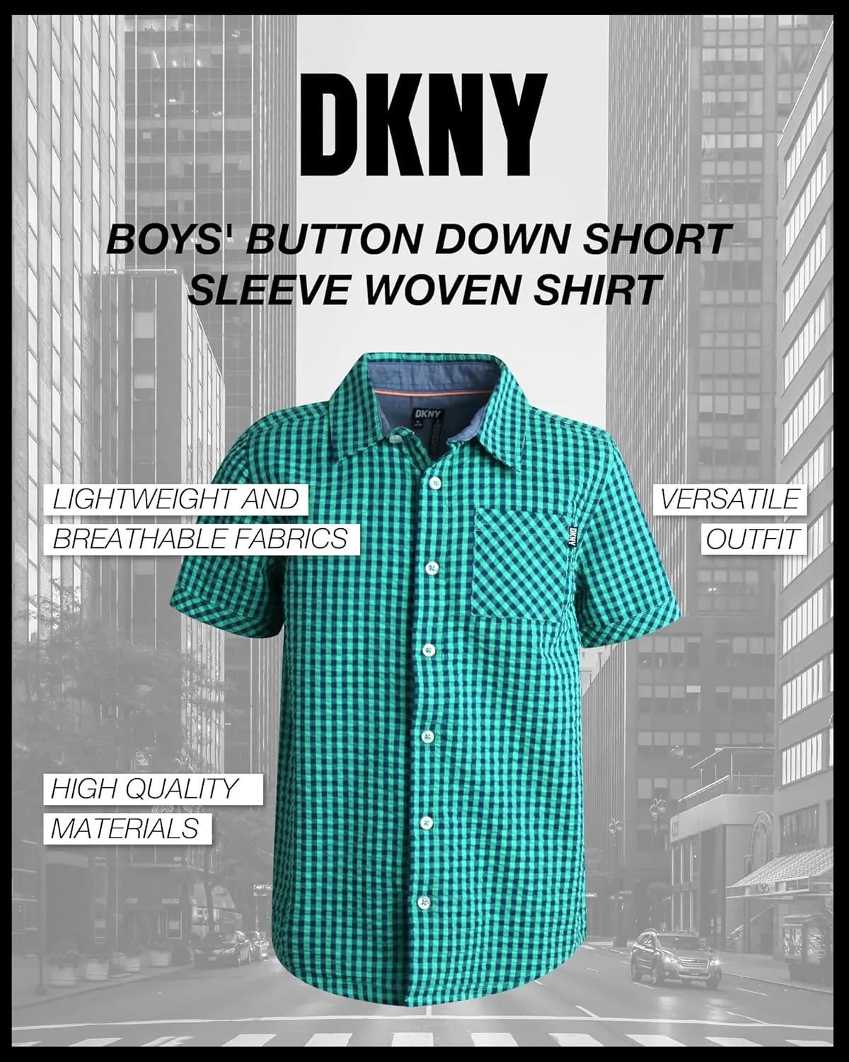 DKNY Boys' Button Down Shirt - Casual Woven Short Sleeve Collared Dress Shirt for School, Vacation and Holidays (Sizes: 4-20)