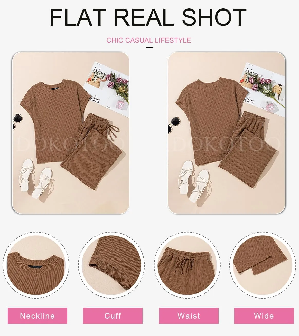Dokotoo 2 Piece Sets for Women Casual Short Sleeve Summer Tops and High Rise Wide Leg Pants Lounge Sets
