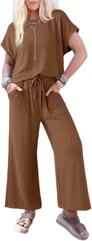 Dokotoo 2 Piece Sets for Women Casual Short Sleeve Summer Tops and High Rise Wide Leg Pants Lounge Sets