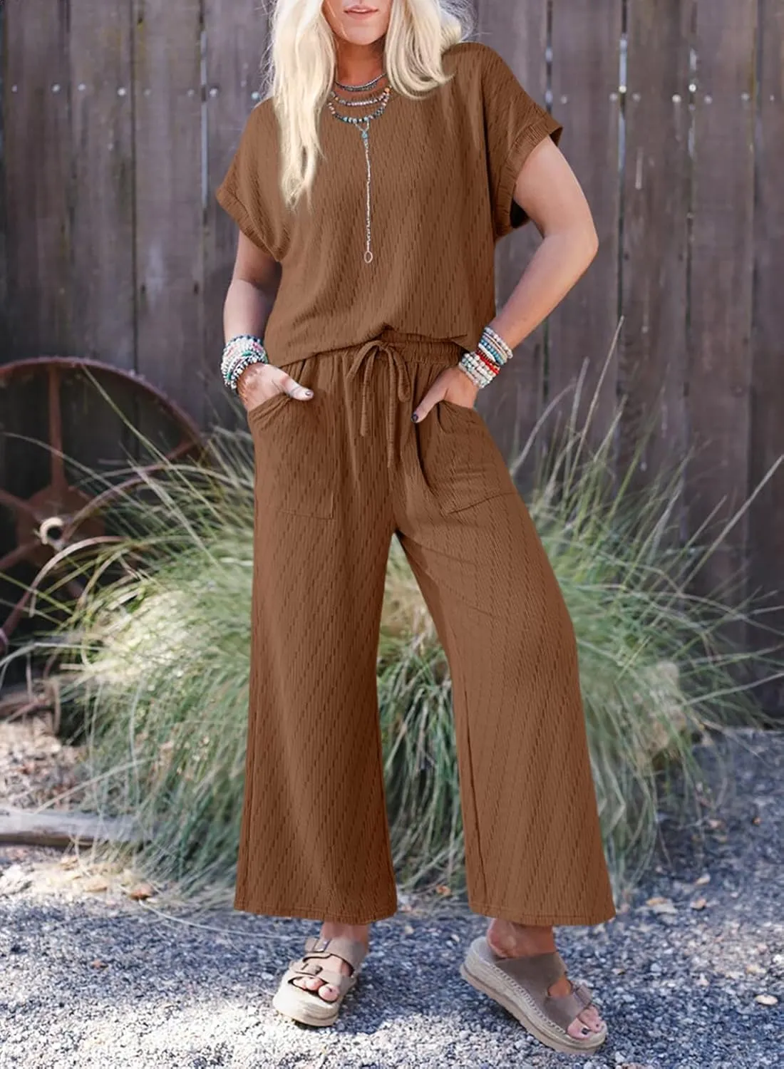 Dokotoo 2 Piece Sets for Women Casual Short Sleeve Summer Tops and High Rise Wide Leg Pants Lounge Sets