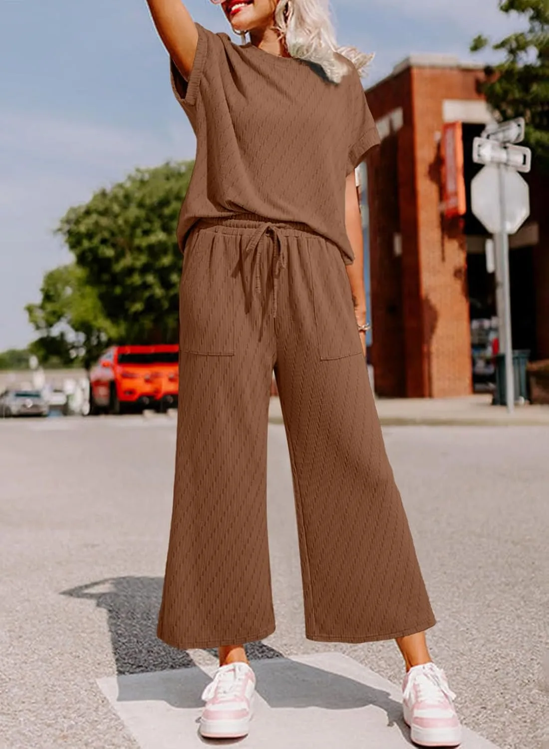 Dokotoo 2 Piece Sets for Women Casual Short Sleeve Summer Tops and High Rise Wide Leg Pants Lounge Sets