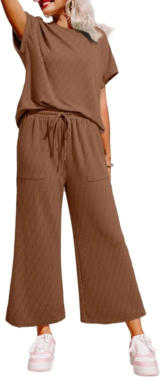 Dokotoo 2 Piece Sets for Women Casual Short Sleeve Summer Tops and High Rise Wide Leg Pants Lounge Sets