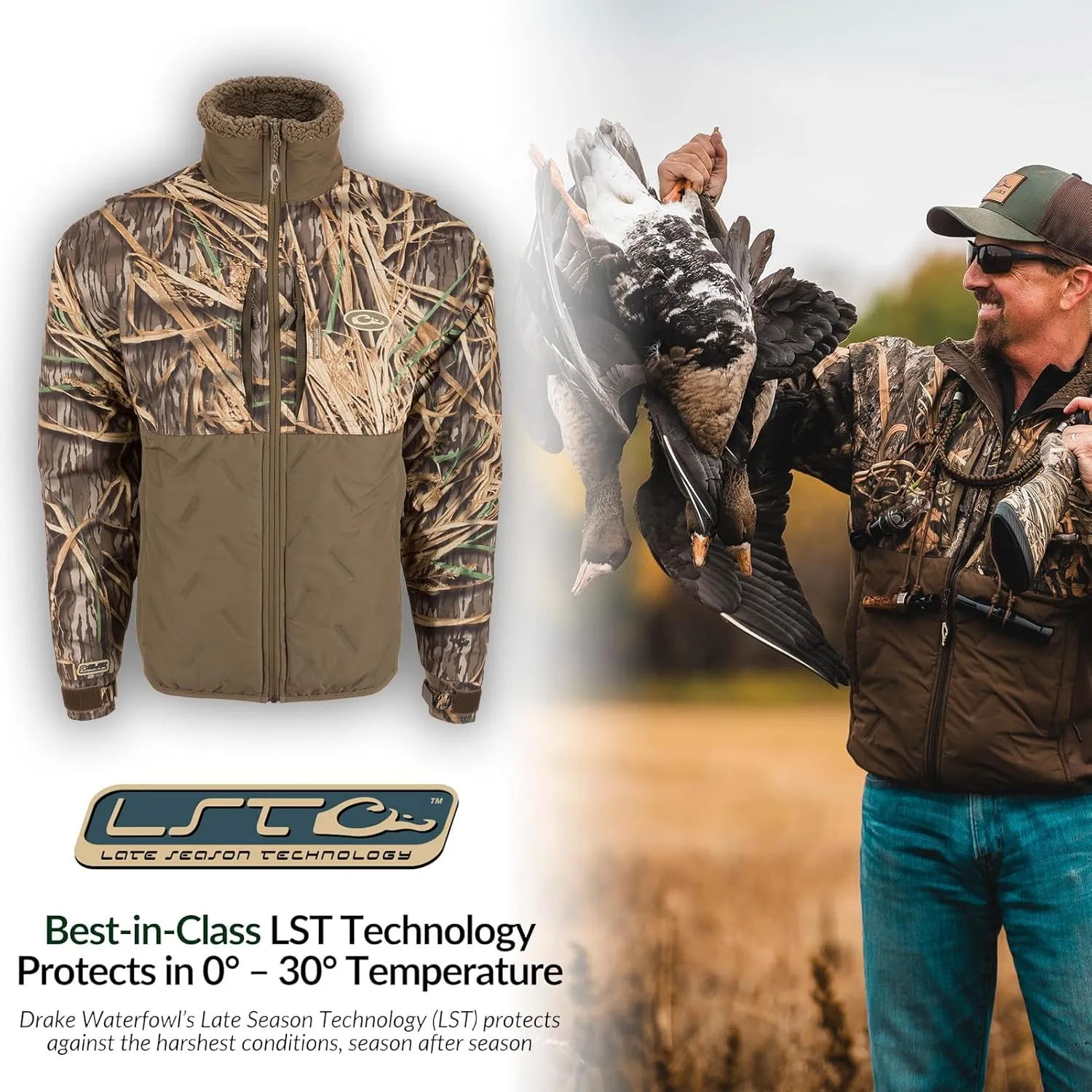 Drake Waterfowl Men's LST Guardian Flex Double Down Eqwader Full Zip Insulated Waterproof Windproof Hunting Jacket