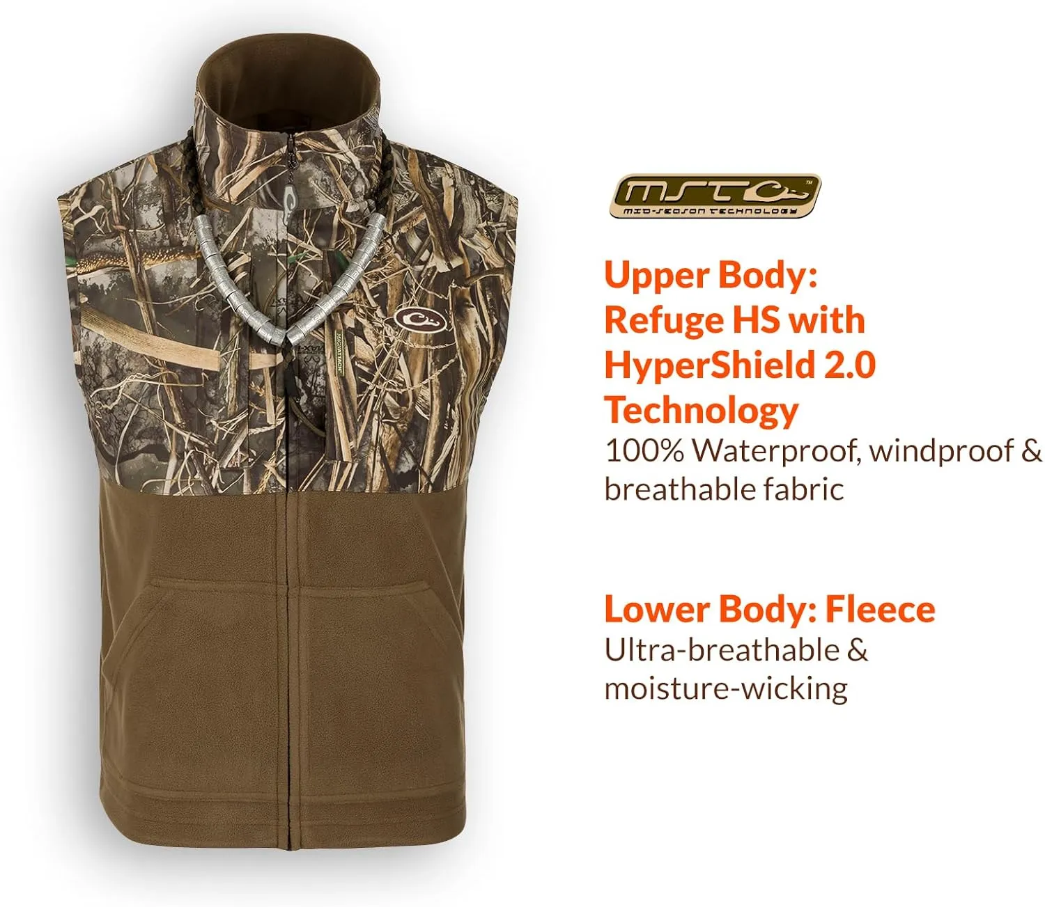 Drake Waterfowl Men's MST Eqwader Insulated Fleece-Lined Waterproof Windproof Breathable Adjustable Outdoor Hunting Zip Vest
