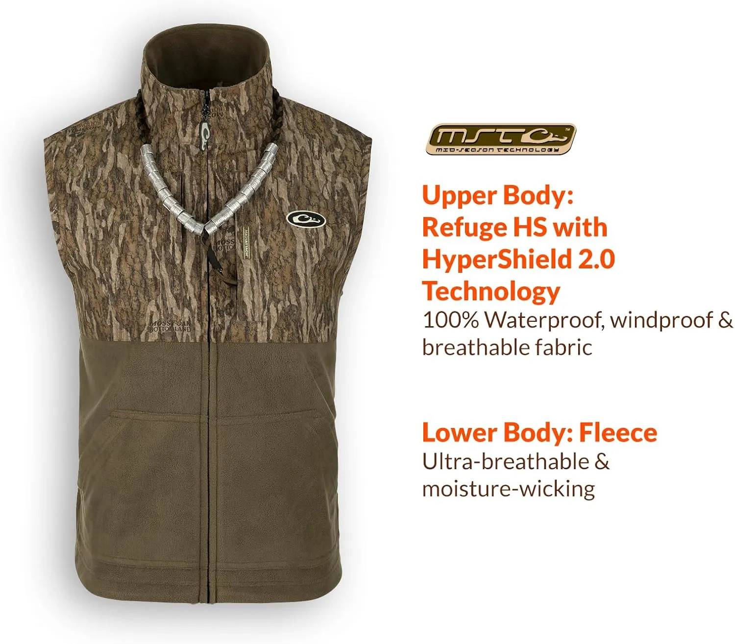 Drake Waterfowl Men's MST Eqwader Insulated Fleece-Lined Waterproof Windproof Breathable Adjustable Outdoor Hunting Zip Vest