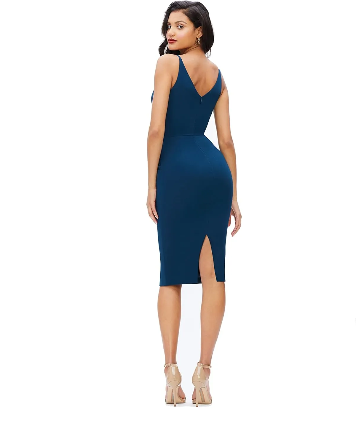 Dress the Population Women's Anita Asymmetrical Rouched Waist V-Neck Midi Dress