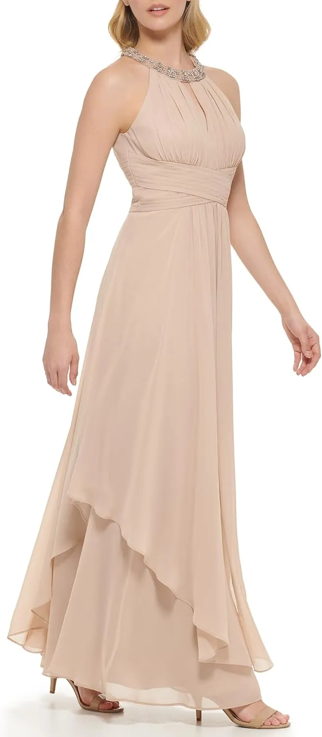 Eliza J Women's Sleeveles Halter Neck Keyhole Fit & Flare Chiffon Gown