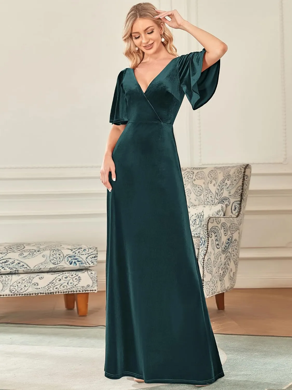 Ever-Pretty Women's Retro Evening Gown A Line V-Neck Wrap Velvet Long Formal Dresses 0861