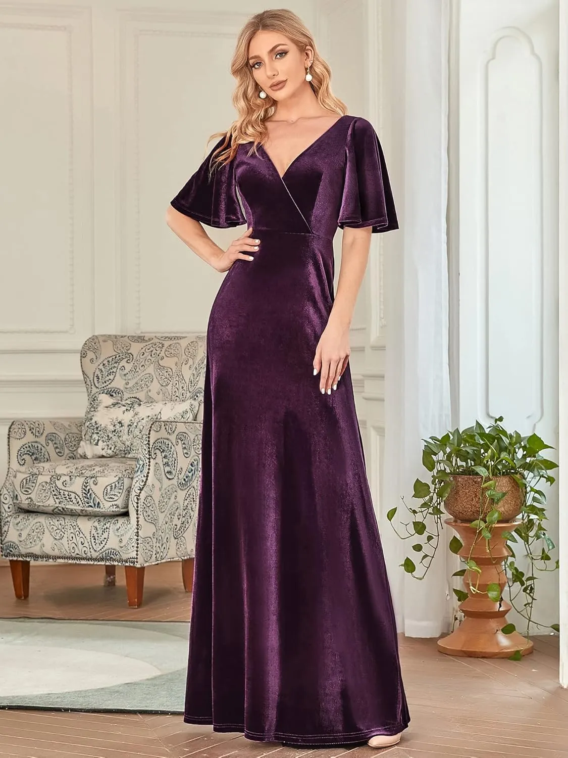 Ever-Pretty Women's Retro Evening Gown A Line V-Neck Wrap Velvet Long Formal Dresses 0861