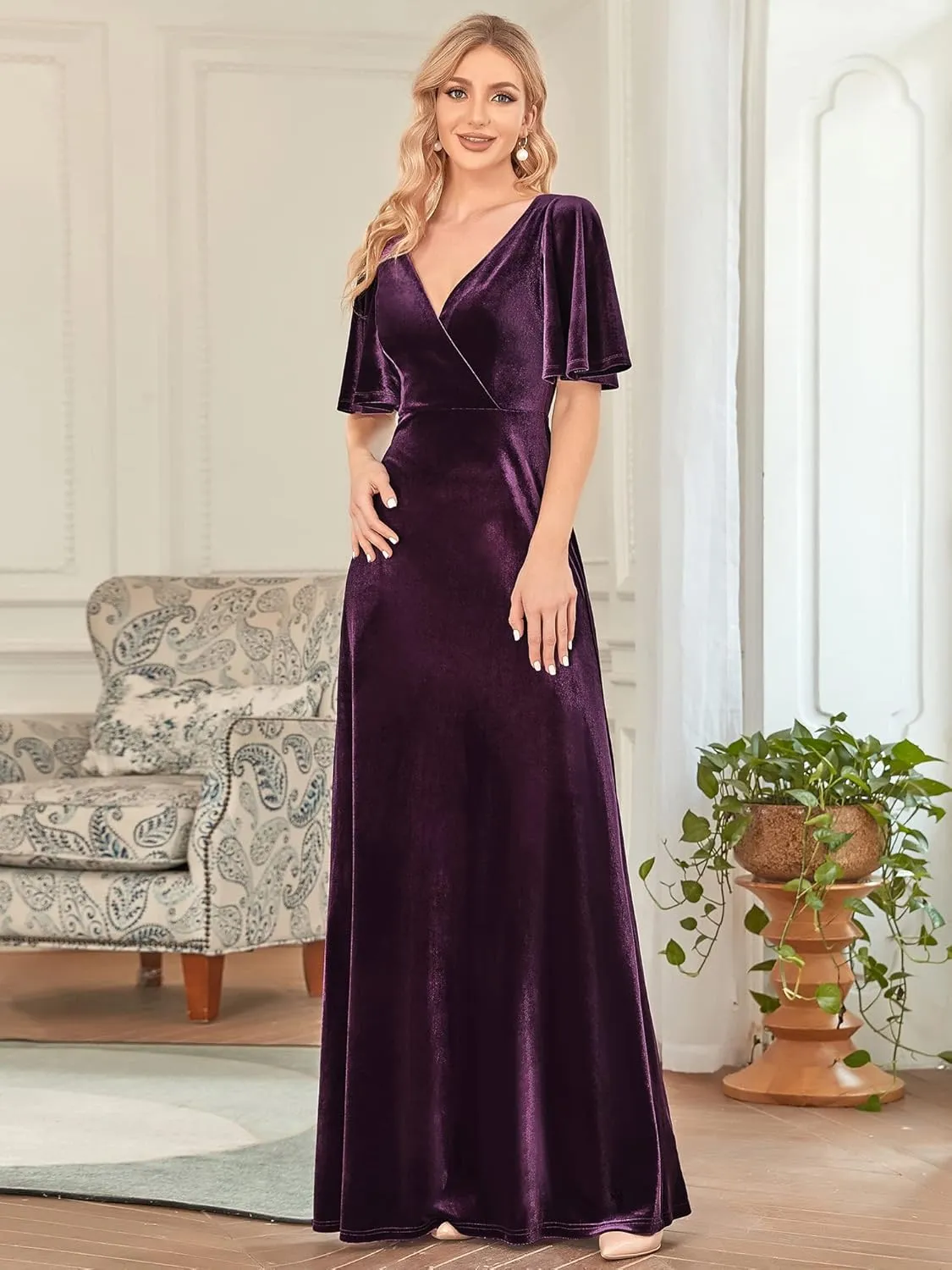 Ever-Pretty Women's Retro Evening Gown A Line V-Neck Wrap Velvet Long Formal Dresses 0861