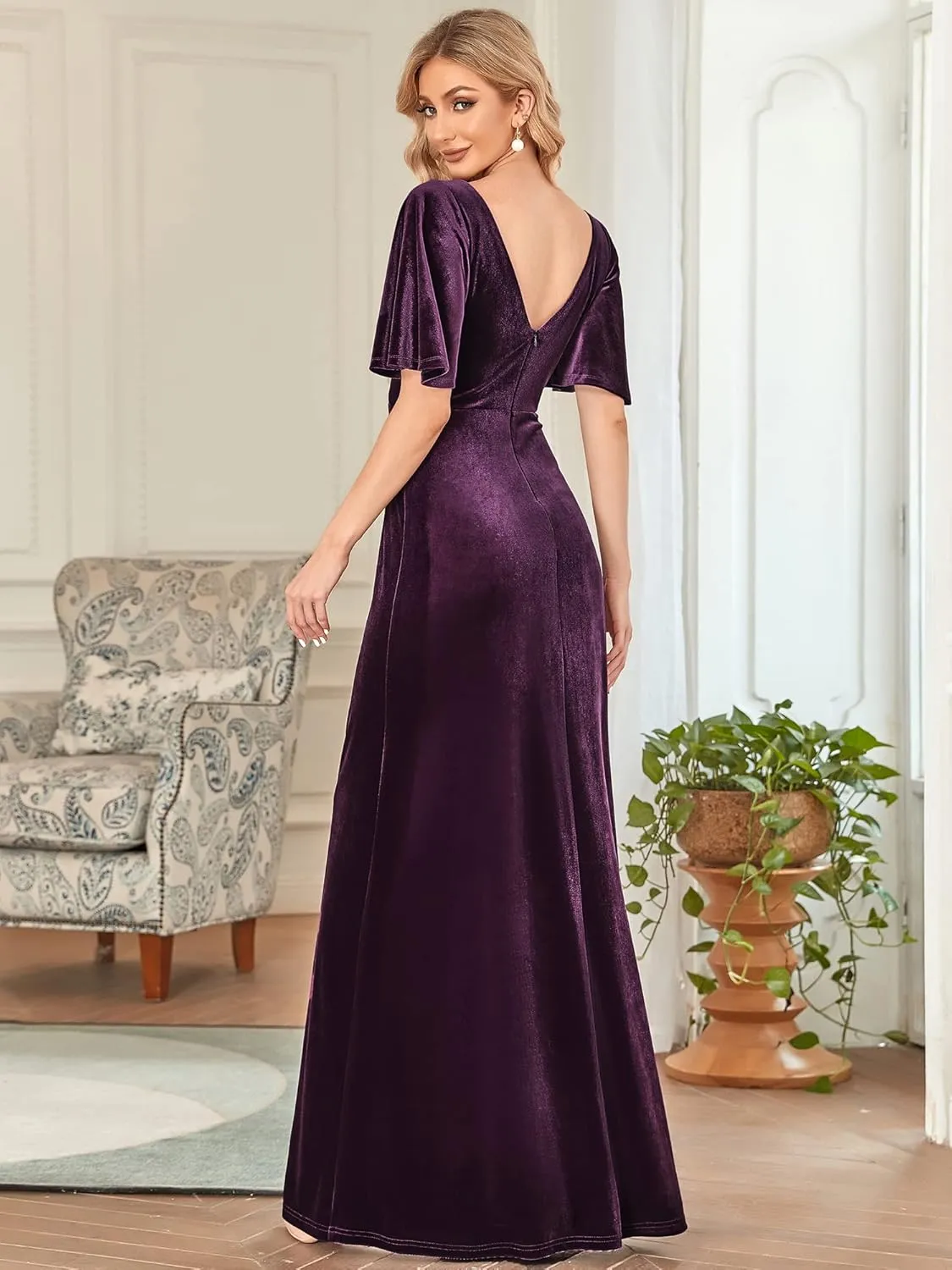 Ever-Pretty Women's Retro Evening Gown A Line V-Neck Wrap Velvet Long Formal Dresses 0861
