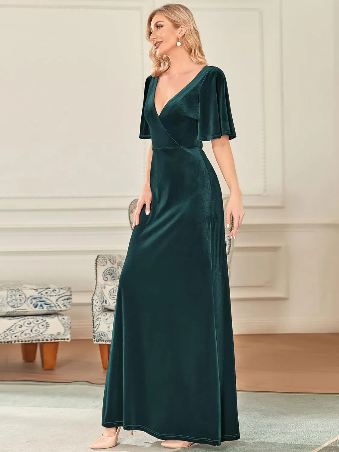 Ever-Pretty Women's Retro Evening Gown A Line V-Neck Wrap Velvet Long Formal Dresses 0861