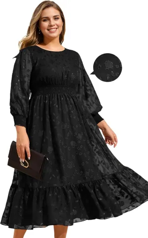 Ever-Pretty Women's Round Neck A Line Chiffon Long Sleeves Midi Length Plus Size Casual Dress for Wedding Guest 02279-DA