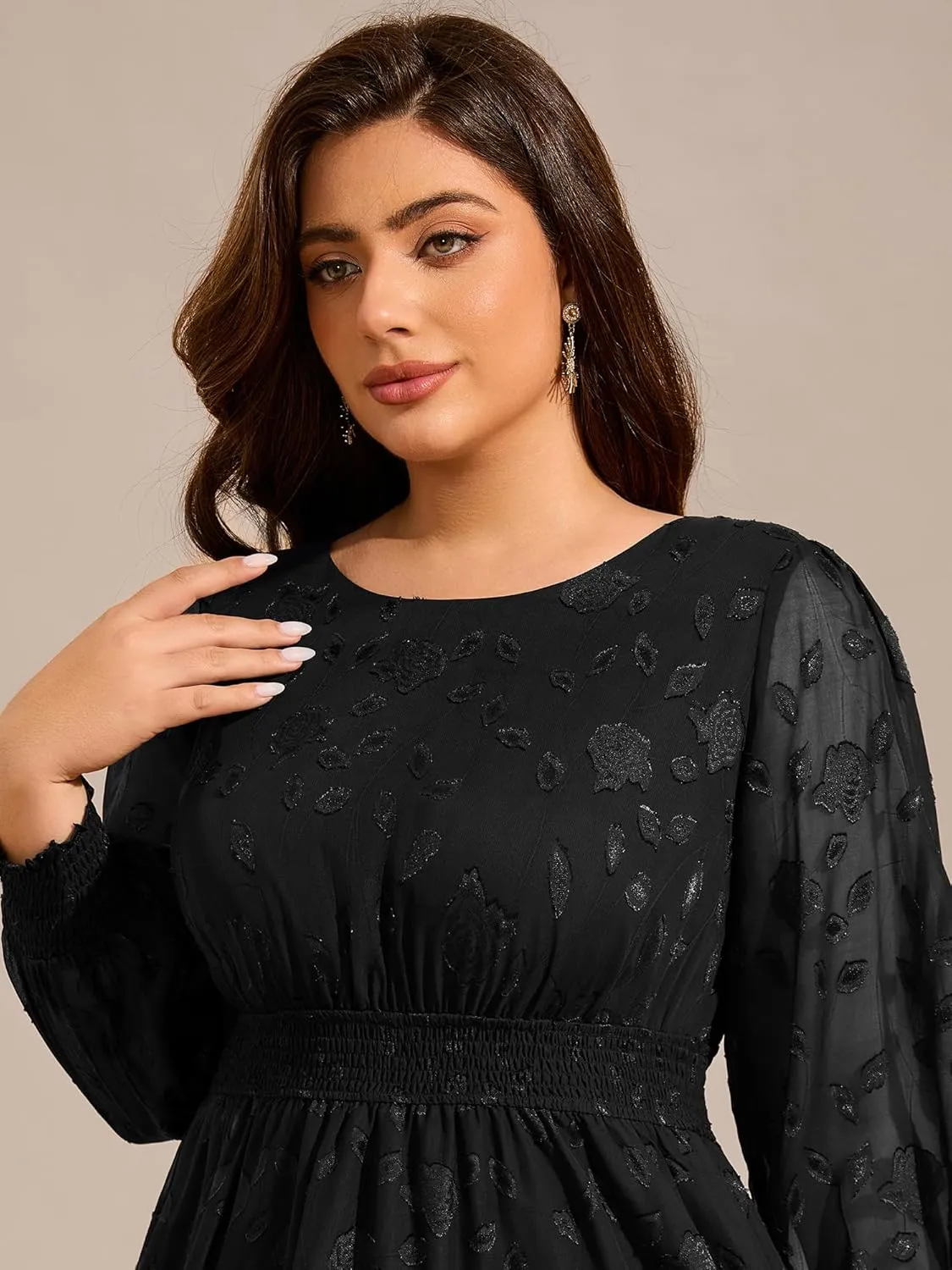 Ever-Pretty Women's Round Neck A Line Chiffon Long Sleeves Midi Length Plus Size Casual Dress for Wedding Guest 02279-DA