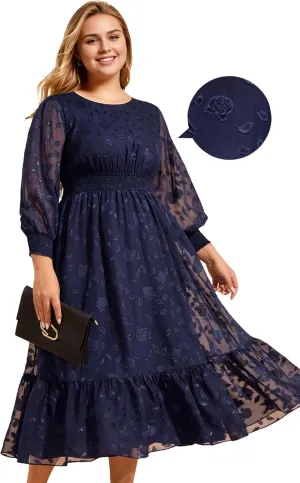 Ever-Pretty Women's Round Neck A Line Chiffon Long Sleeves Midi Length Plus Size Casual Dress for Wedding Guest 02279-DA